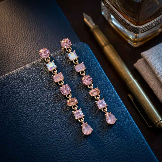 Pink Multi - Crystal Linear Drop Earrings | Gold Cascading Gemstone Dangle Earrings - ZI FASHION