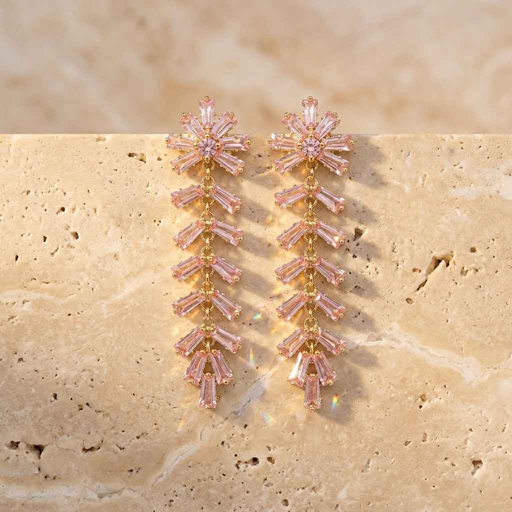 Pinkish Crystal Fishbone Tassel Drop Earrings | Luxury Rhinestone Long Dangle Earrings for Women - ZI FASHION