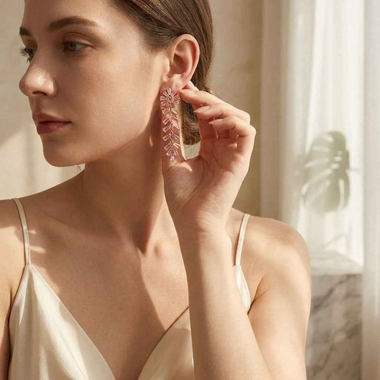 Pinkish Crystal Fishbone Tassel Drop Earrings | Luxury Rhinestone Long Dangle Earrings for Women - ZI FASHION
