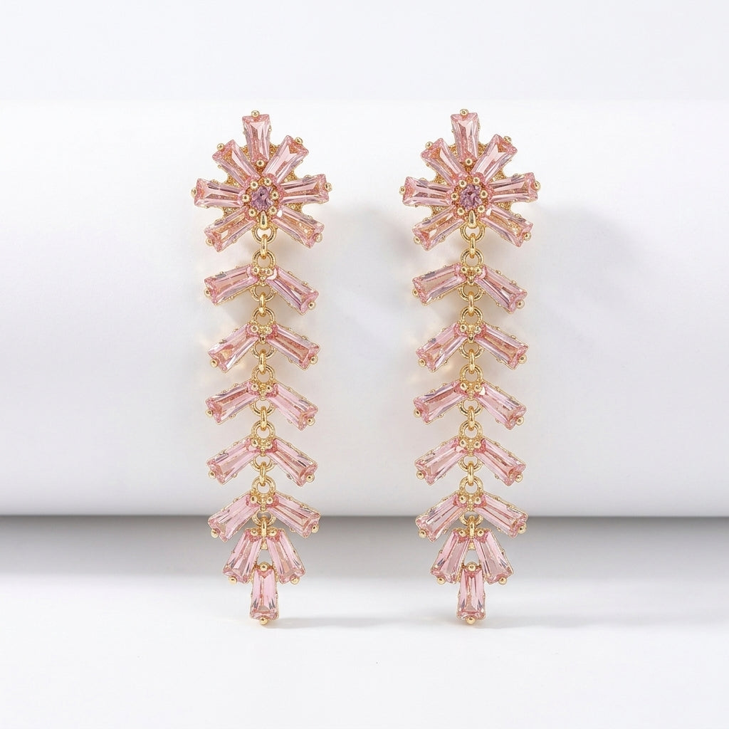 Pinkish Crystal Fishbone Tassel Drop Earrings | Luxury Rhinestone Long Dangle Earrings for Women - ZI FASHION