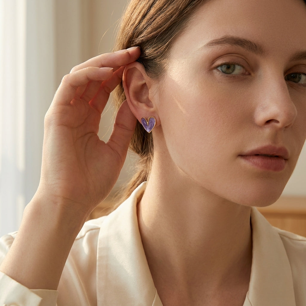 Purple Marble Heart Stud Earrings - ZI FASHION