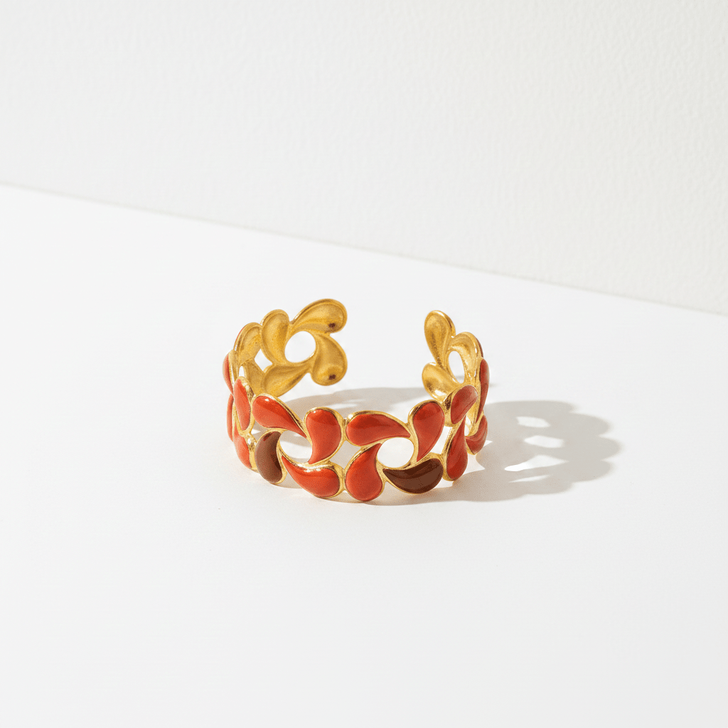 Red Enamel Chain - Link Gold Cuff Bangle | 18K Gold Plated Water Drop Heart Shape Statement Bangle - ZI FASHION