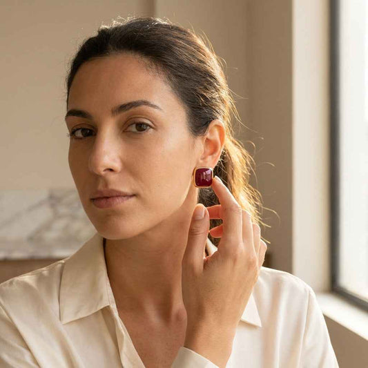 Red Enamel Square Stud Earrings | Minimalist Gold Geometric Earrings for Women - ZI FASHION
