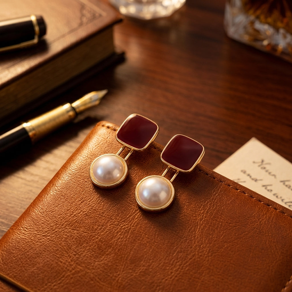 Burgundy square and pearl drop earrings with vintage gold-tone detail