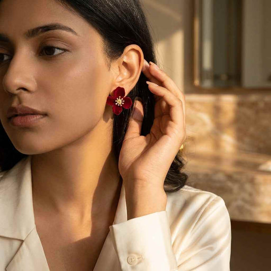 Red Velvet Flower Stud Earrings | Gold Stamen - ZI FASHION