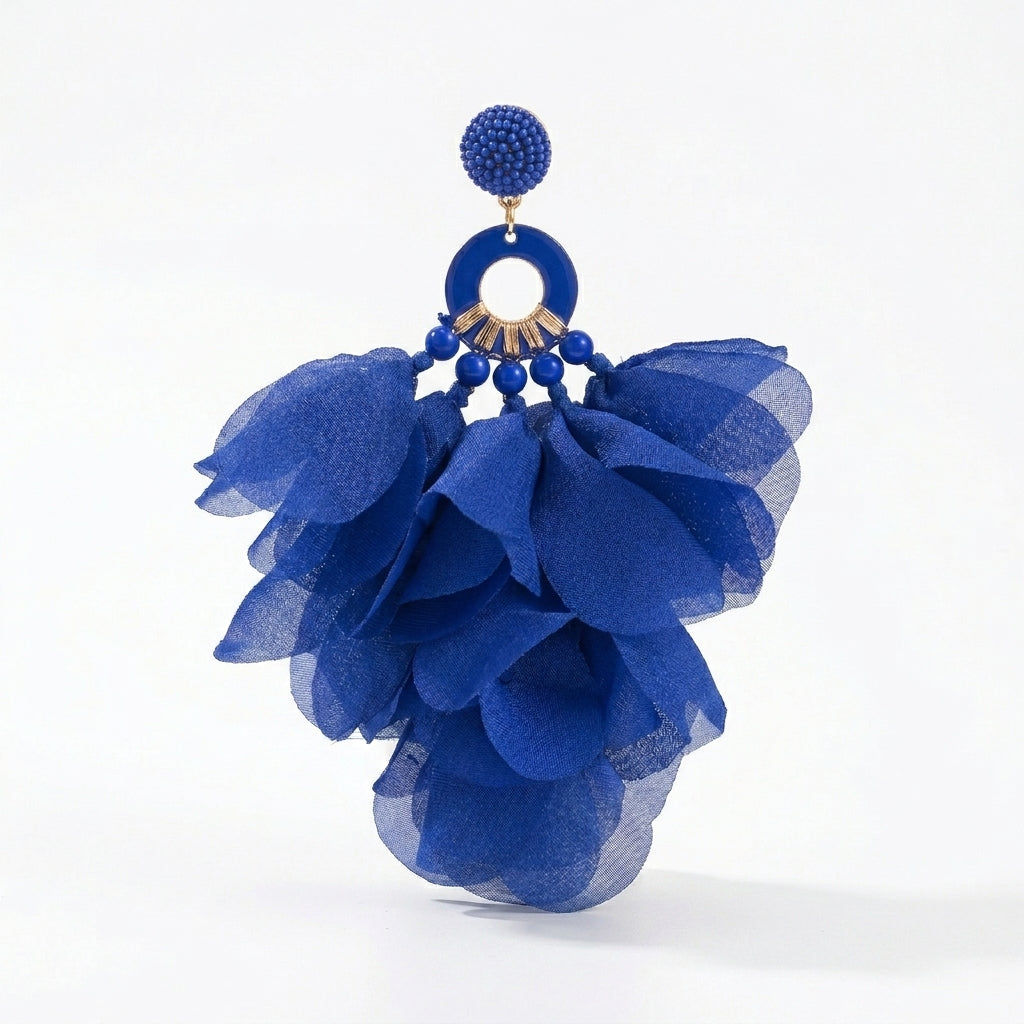Royal Blue Petal Tassel Earrings | Oversized Fabric Flower Statement Earrings - ZI FASHION