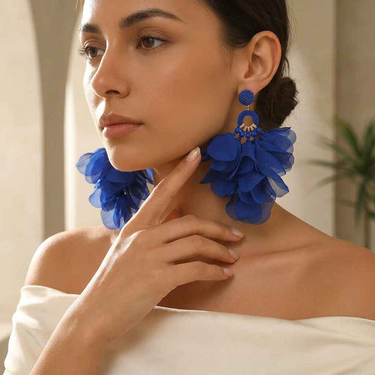 Royal Blue Petal Tassel Earrings | Oversized Fabric Flower Statement Earrings - ZI FASHION