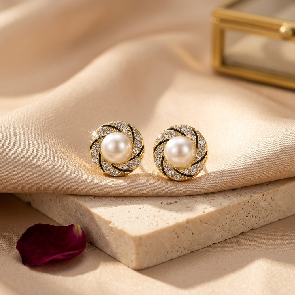 Spiral Pearl Crystal Stud Earrings - ZI FASHION