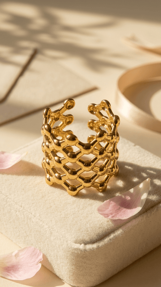 The Aurum Honeycomb Ring | 18K PVD Gold Sculptural Mesh Cuff - ZI FASHION