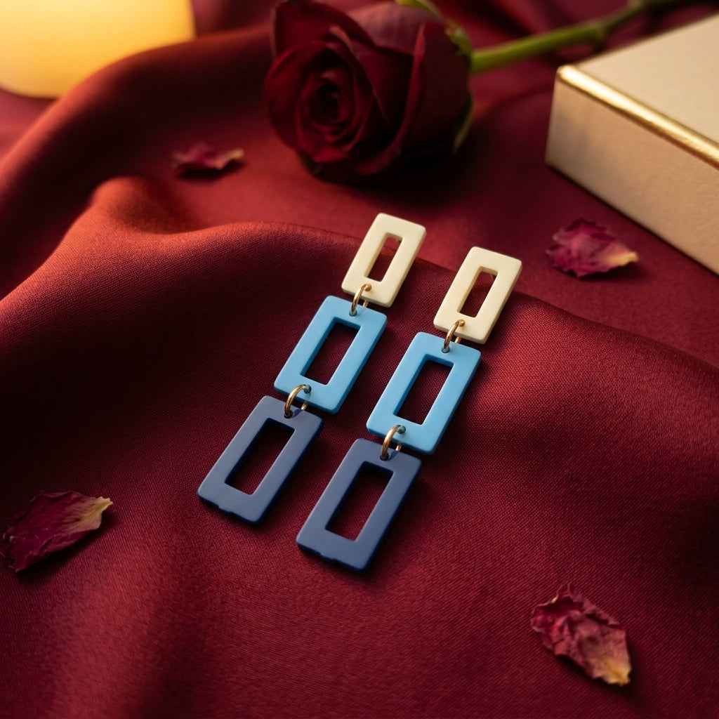 Triple Rectangle Drop Earrings — Blue Ombre Geometric - ZI FASHION