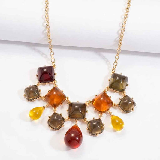 Autumn Jewel Resin Bib Necklace | Gold Multicolour Gemstone Statement Necklace - ZI FASHION