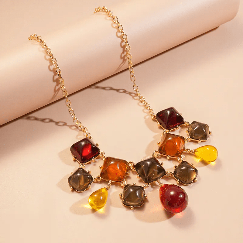 Autumn Jewel Resin Bib Necklace | Gold Multicolour Gemstone Statement Necklace - ZI FASHION