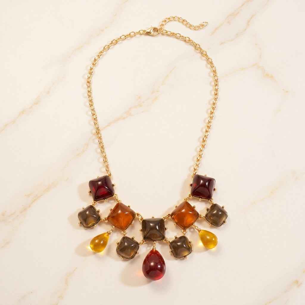 Autumn Jewel Resin Bib Necklace | Gold Multicolour Gemstone Statement Necklace - ZI FASHION