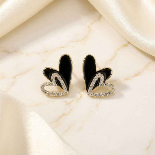 Black Enamel Double Heart Crystal Stud Earrings for Women | Romantic Rhinestone Heart Earrings - ZI FASHION