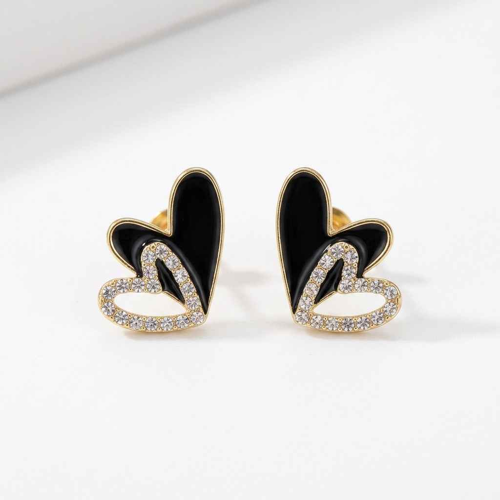 Black Enamel Double Heart Crystal Stud Earrings for Women | Romantic Rhinestone Heart Earrings - ZI FASHION