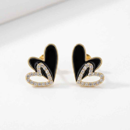Black Enamel Double Heart Crystal Stud Earrings for Women | Romantic Rhinestone Heart Earrings - ZI FASHION