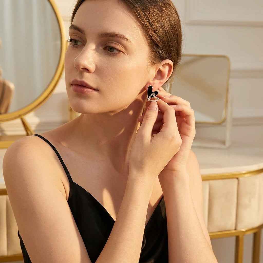 Black Enamel Double Heart Crystal Stud Earrings for Women | Romantic Rhinestone Heart Earrings - ZI FASHION