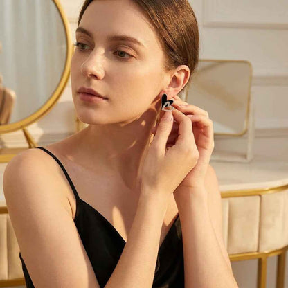 Black Enamel Double Heart Crystal Stud Earrings for Women | Romantic Rhinestone Heart Earrings - ZI FASHION