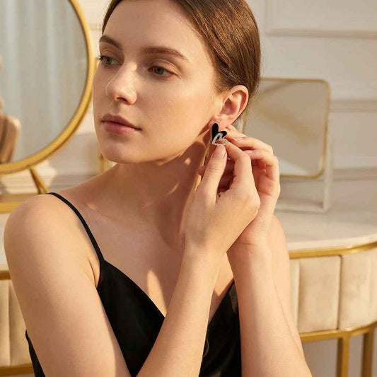 Black Enamel Double Heart Crystal Stud Earrings for Women | Romantic Rhinestone Heart Earrings - ZI FASHION