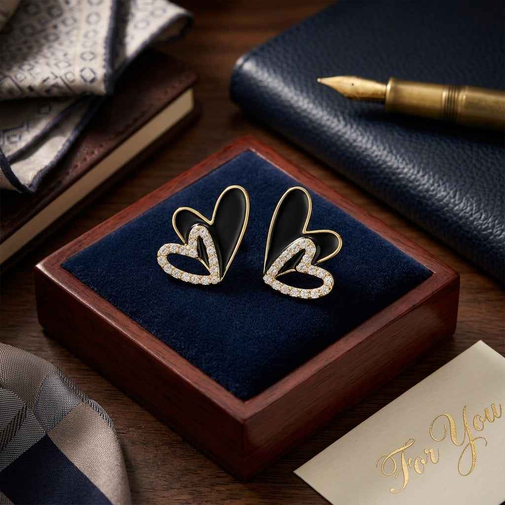 Black Enamel Double Heart Crystal Stud Earrings for Women | Romantic Rhinestone Heart Earrings - ZI FASHION