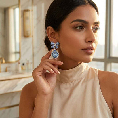 Blue Crystal Bow & Teardrop Drop Earrings | Rhinestone Statement Earrings - ZI FASHION