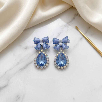 Blue Crystal Bow & Teardrop Drop Earrings | Rhinestone Statement Earrings - ZI FASHION