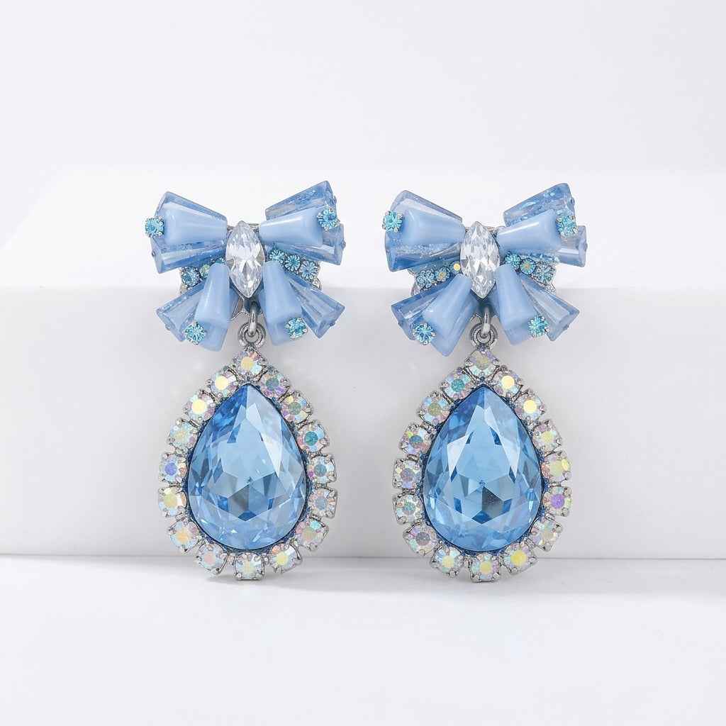 Blue Crystal Bow & Teardrop Drop Earrings | Rhinestone Statement Earrings - ZI FASHION