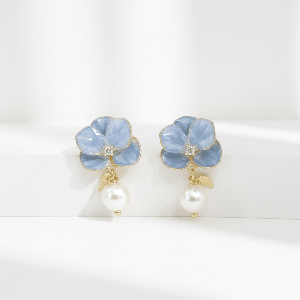 Blue Flower & Pearl Drop Earrings | Elegant Floral Dangle Earrings for Women - ZI FASHION
