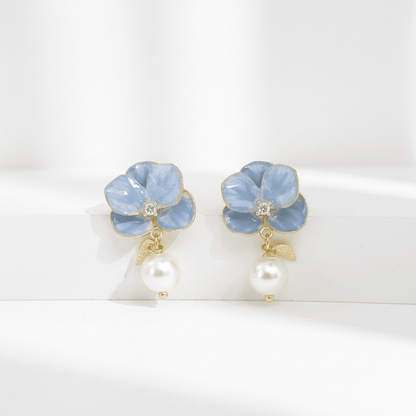 Blue Flower & Pearl Drop Earrings | Elegant Floral Dangle Earrings for Women - ZI FASHION