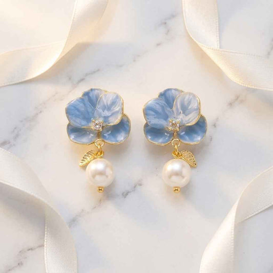 Blue Flower & Pearl Drop Earrings | Elegant Floral Dangle Earrings for Women - ZI FASHION
