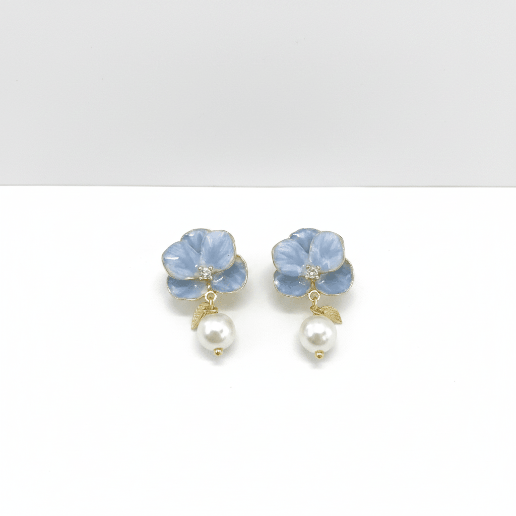 Blue Flower & Pearl Drop Earrings | Elegant Floral Dangle Earrings for Women - ZI FASHION
