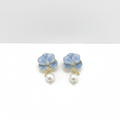 Blue Flower & Pearl Drop Earrings | Elegant Floral Dangle Earrings for Women - ZI FASHION