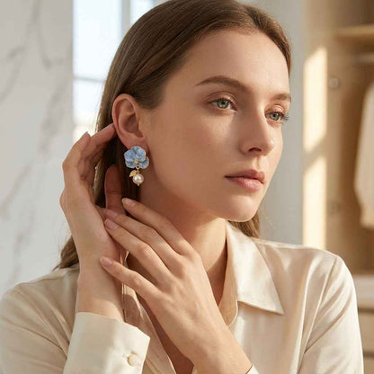 Blue Flower & Pearl Drop Earrings | Elegant Floral Dangle Earrings for Women - ZI FASHION