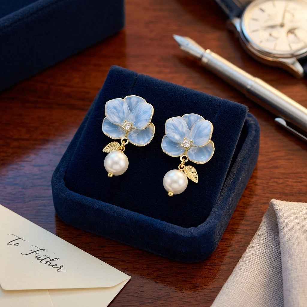 Blue Flower & Pearl Drop Earrings | Elegant Floral Dangle Earrings for Women - ZI FASHION