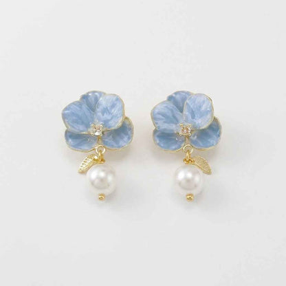 Blue Flower & Pearl Drop Earrings | Elegant Floral Dangle Earrings for Women - ZI FASHION