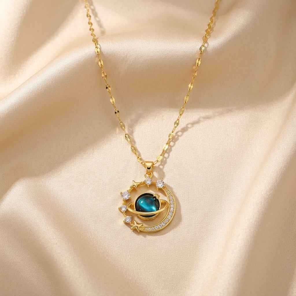 Blue Galaxy Planet Pendant Necklace | Gold Celestial Universe Crystal Necklace - ZI FASHION