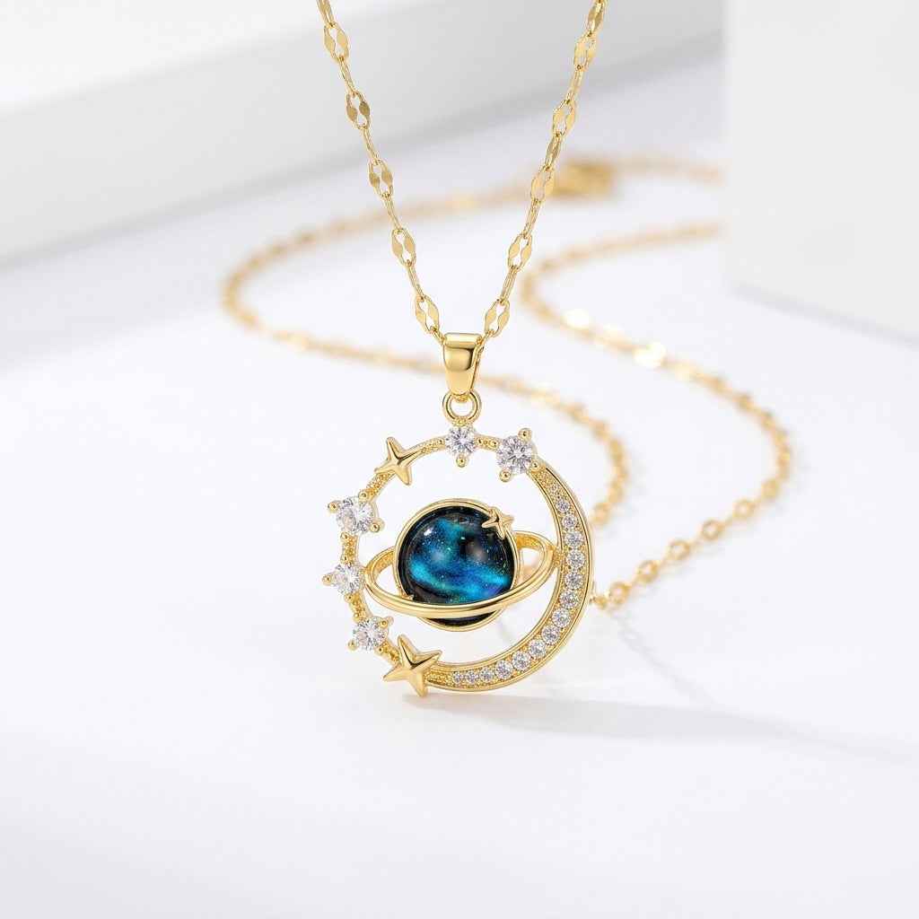 Blue Galaxy Planet Pendant Necklace | Gold Celestial Universe Crystal Necklace - ZI FASHION