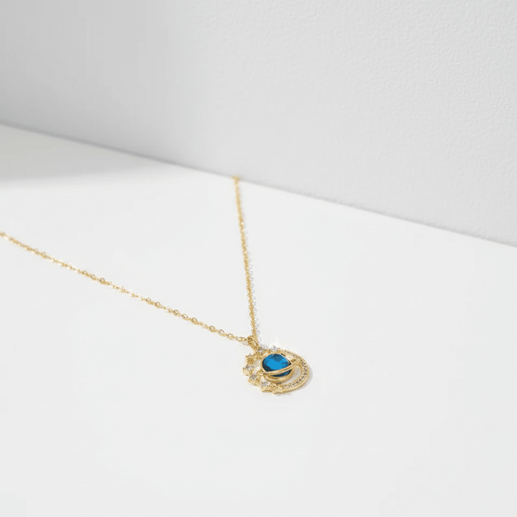 Blue Galaxy Planet Pendant Necklace | Gold Celestial Universe Crystal Necklace - ZI FASHION