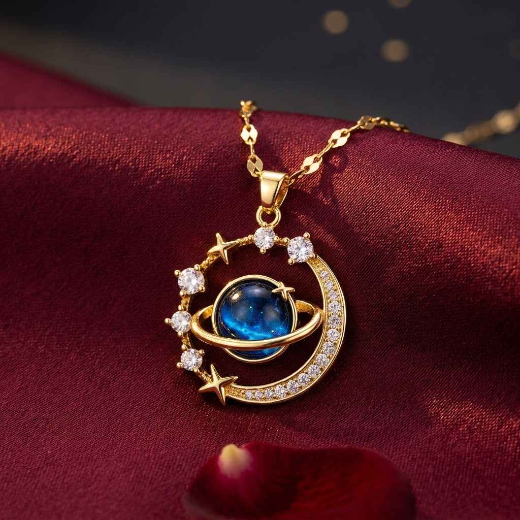 Blue Galaxy Planet Pendant Necklace | Gold Celestial Universe Crystal Necklace - ZI FASHION