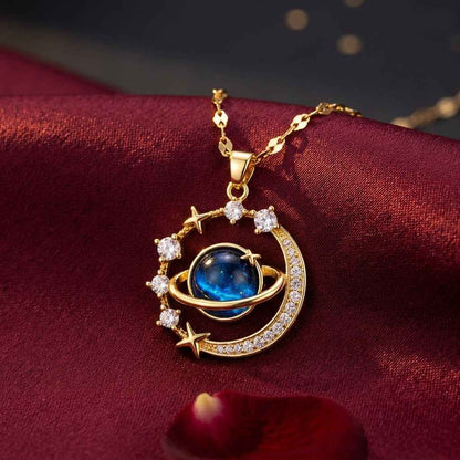 Blue Galaxy Planet Pendant Necklace | Gold Celestial Universe Crystal Necklace - ZI FASHION