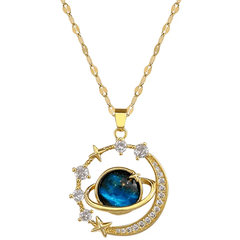 Blue Galaxy Planet Pendant Necklace | Gold Celestial Universe Crystal Necklace - ZI FASHION