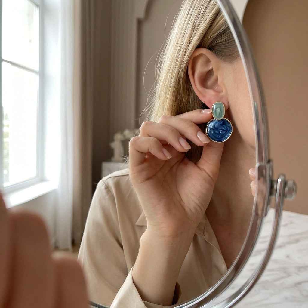 Blue Irregular Two - Tone Drop Earrings | Gold Marble Enamel Geometric Stud Earrings - ZI FASHION