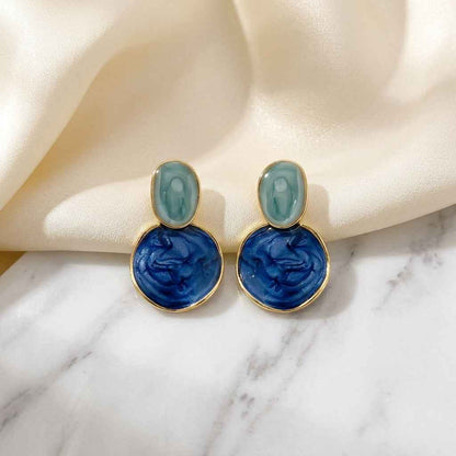 Blue Irregular Two - Tone Drop Earrings | Gold Marble Enamel Geometric Stud Earrings - ZI FASHION