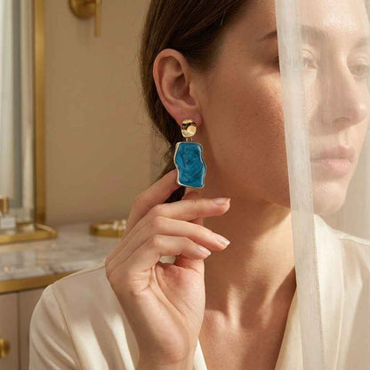 Blue Marble Abstract Drop Earrings | Bold Artistic Statement Earrings - ZI FASHION