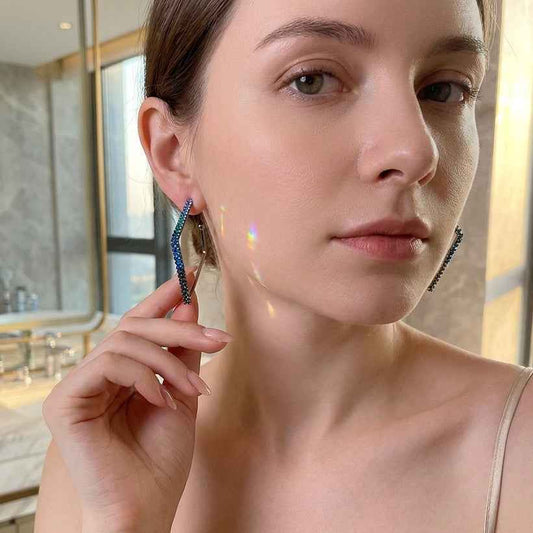 Blue Ombre Crystal Geometric Drop Earrings | Sparkling Gradient Rhinestone Linear Earrings - ZI FASHION
