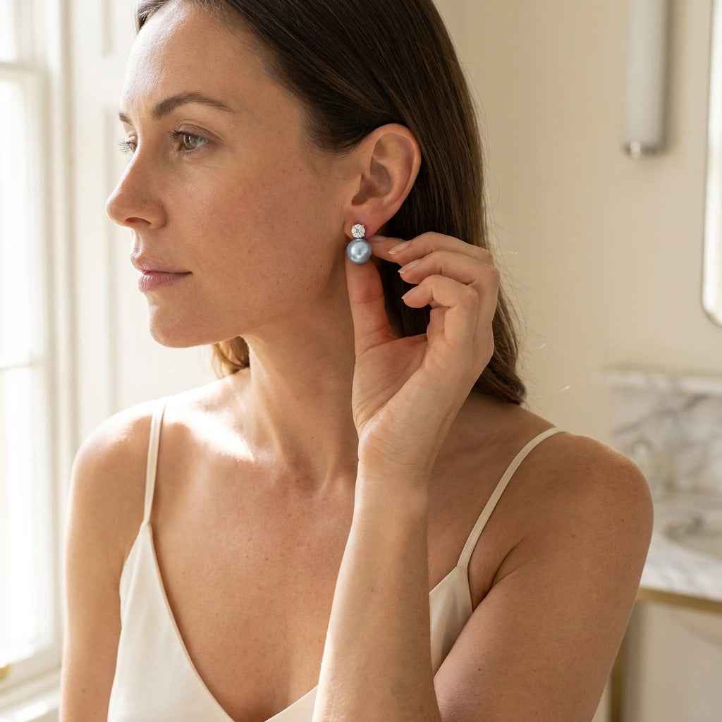 Blue Pearl & Crystal Stud Earrings | Elegant Diamond - Style Drop Earrings - ZI FASHION