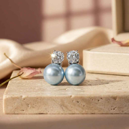 Blue Pearl & Crystal Stud Earrings | Elegant Diamond - Style Drop Earrings - ZI FASHION