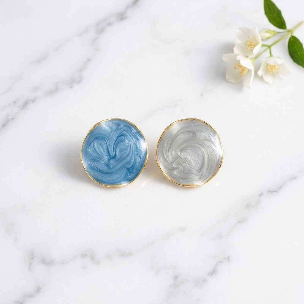 Blue & White Marble Swirl Round Stud Earrings for Women | Gold Framed Abstract Earrings - ZI FASHION