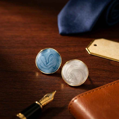 Blue & White Marble Swirl Round Stud Earrings for Women | Gold Framed Abstract Earrings - ZI FASHION
