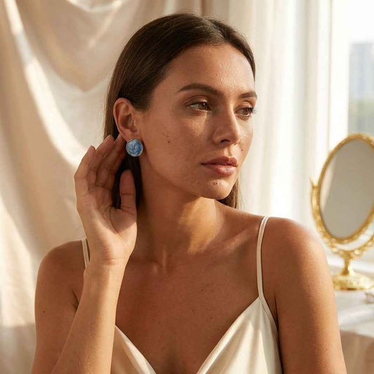 Blue & White Marble Swirl Round Stud Earrings for Women | Gold Framed Abstract Earrings - ZI FASHION